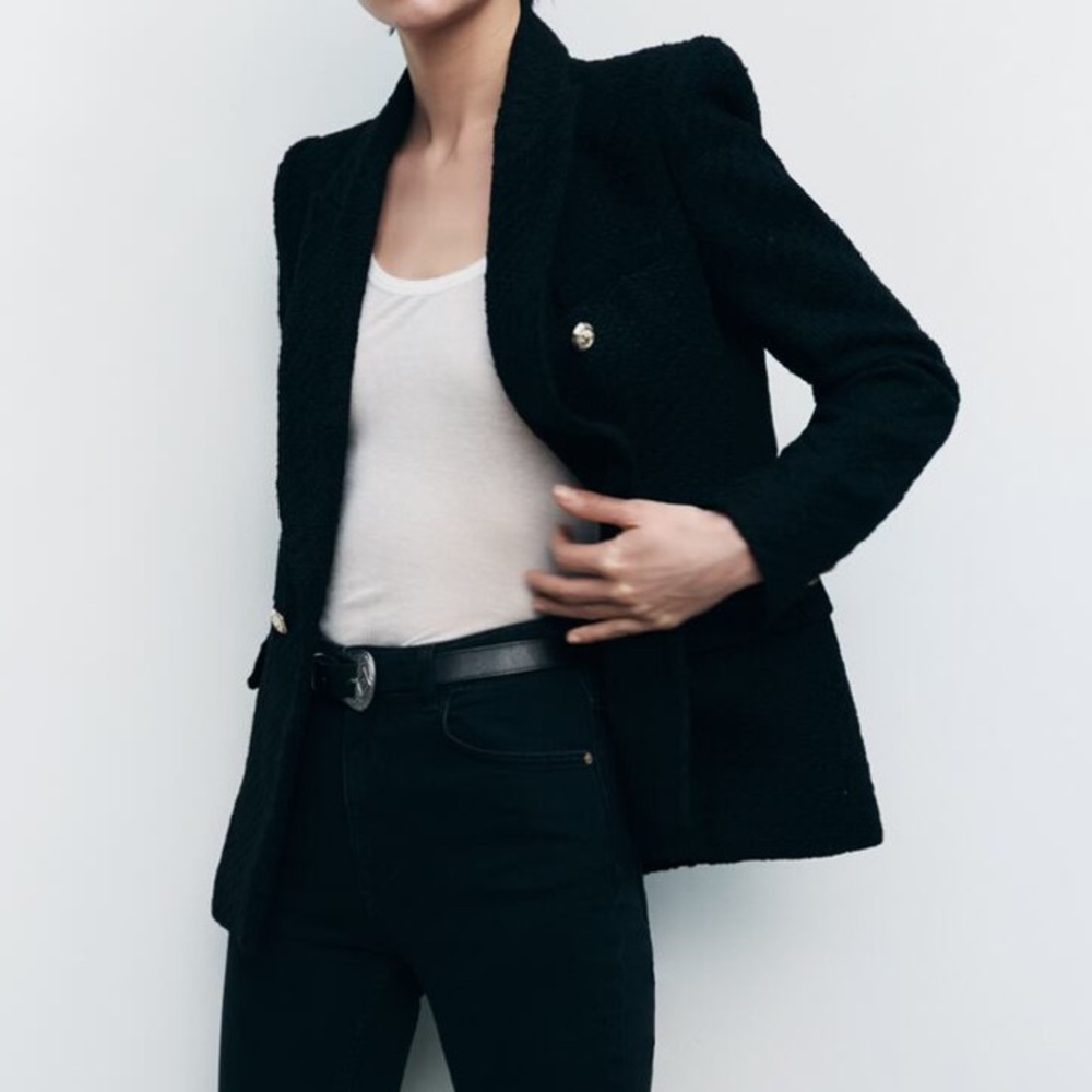Zara double breasted blazer tweed black size XS